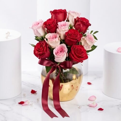Red & Pink Roses in Premium Vase