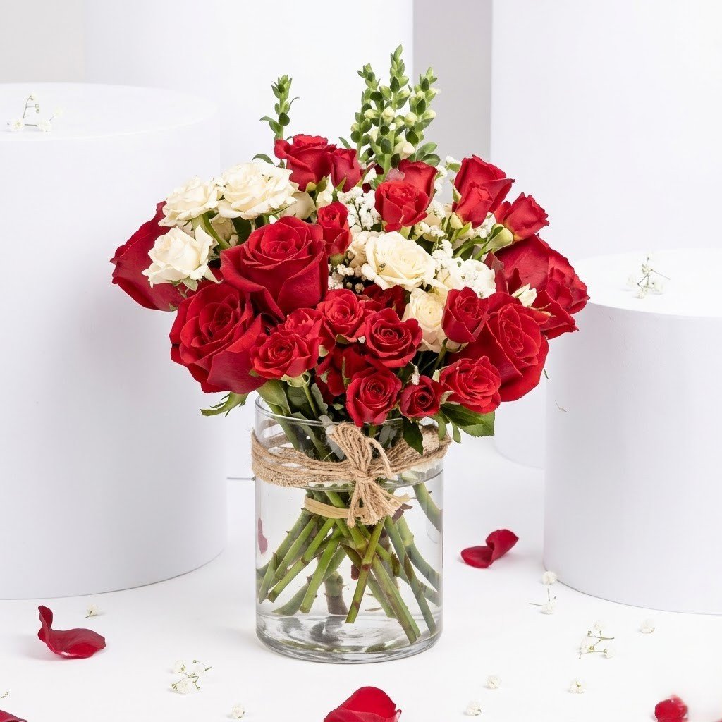 Red and Peach Roses in a Vase – Elegant Romantic Floral Arrangement