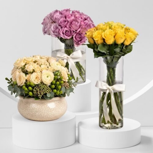 Roses Beauty Trio – Purple, Yellow & Peach Roses in Cylindrical Glass Vases