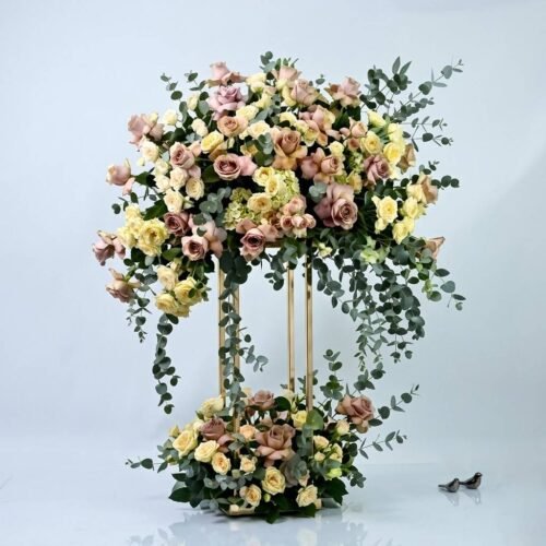 Roses Harmony – Cappuccino & Peach Roses Luxury Arrangement in Gold Stand