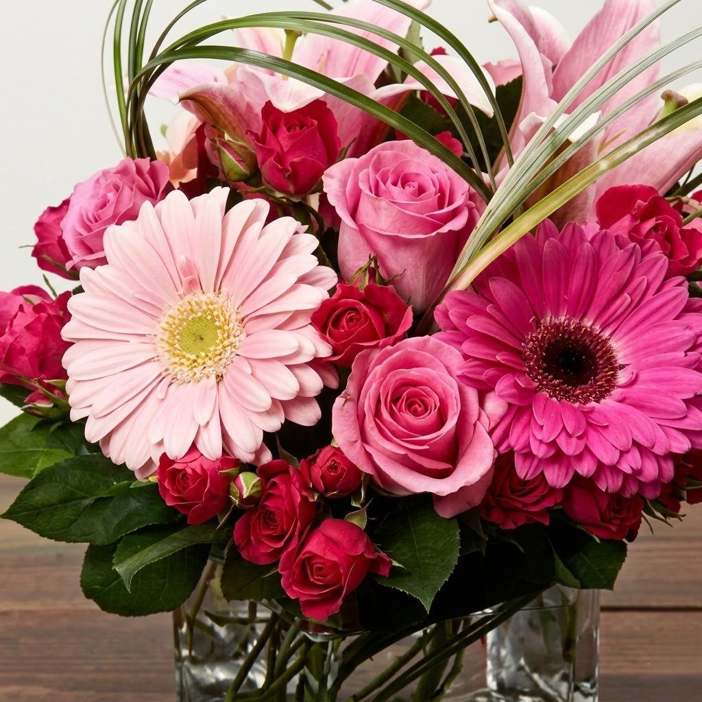 Roses and Gerbera Arrangement – Glass Vase Floral