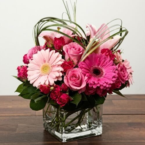 Roses and Gerbera Arrangement – Glass Vase Floral