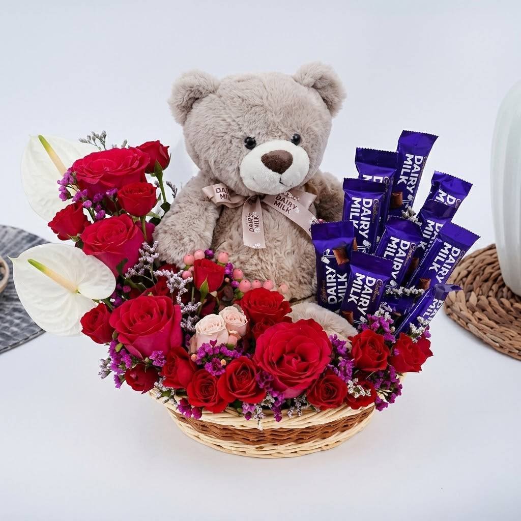 Special Surprise Arrangement with Teddy & Dairy Milk Basket by Warda Petals