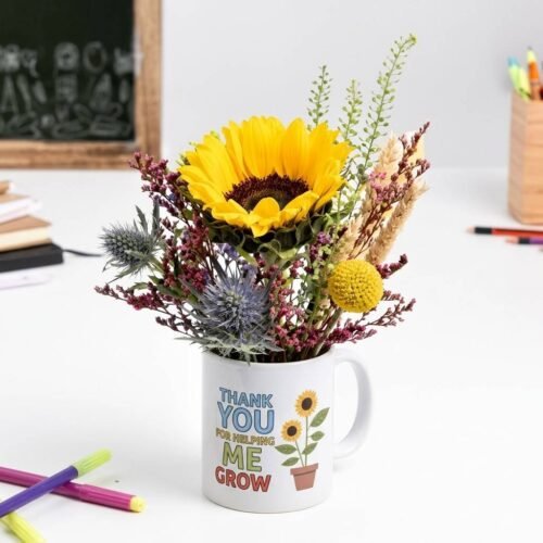 Thank You Flower Arrangement – Sunflower Mug Floral Gift by Warda Petals