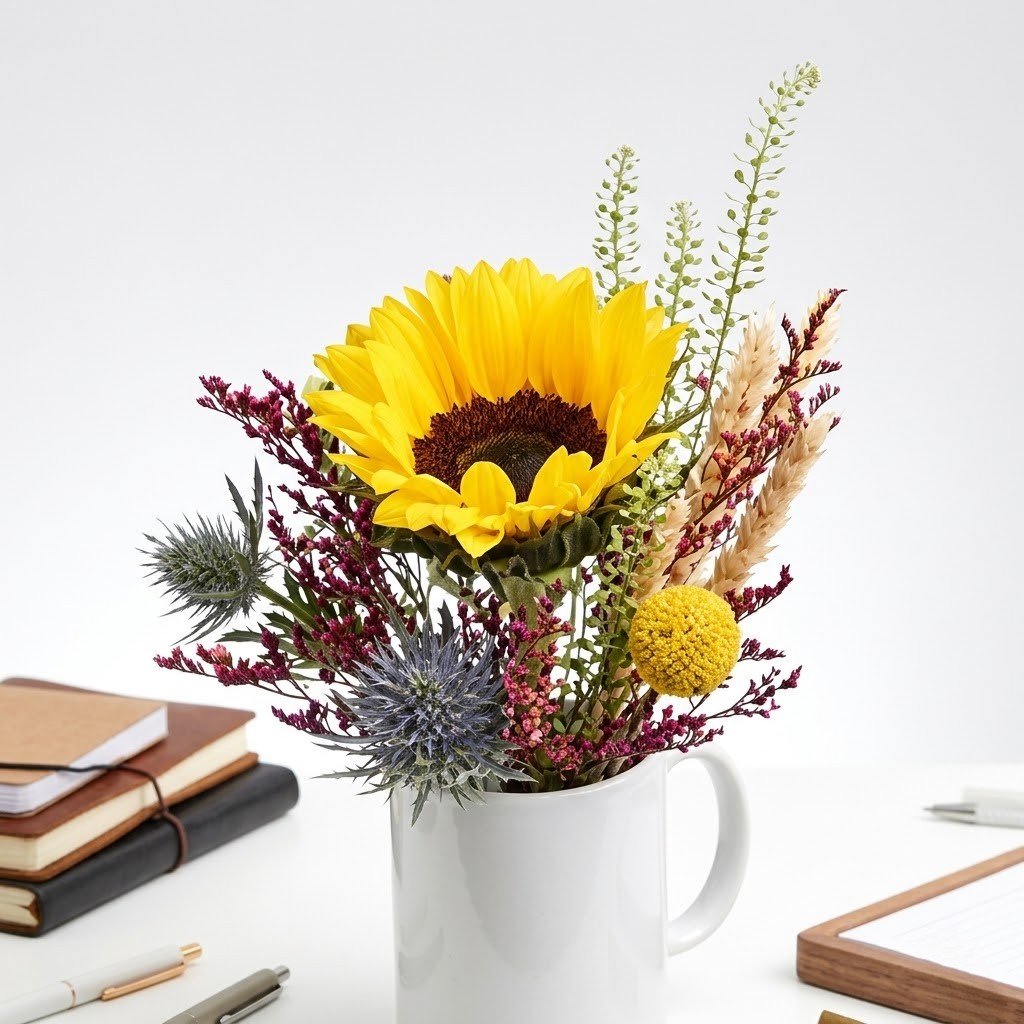 Thank You Flower Arrangement – Sunflower Mug Floral Gift by Warda Petals