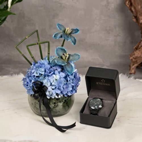 Titan Blue Dial Watch for Him with Floral Arrangement – Premium Gift Set