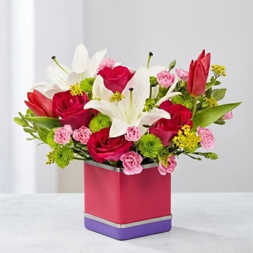 Tulips Roses and Carnations Glass Vase Arrangement