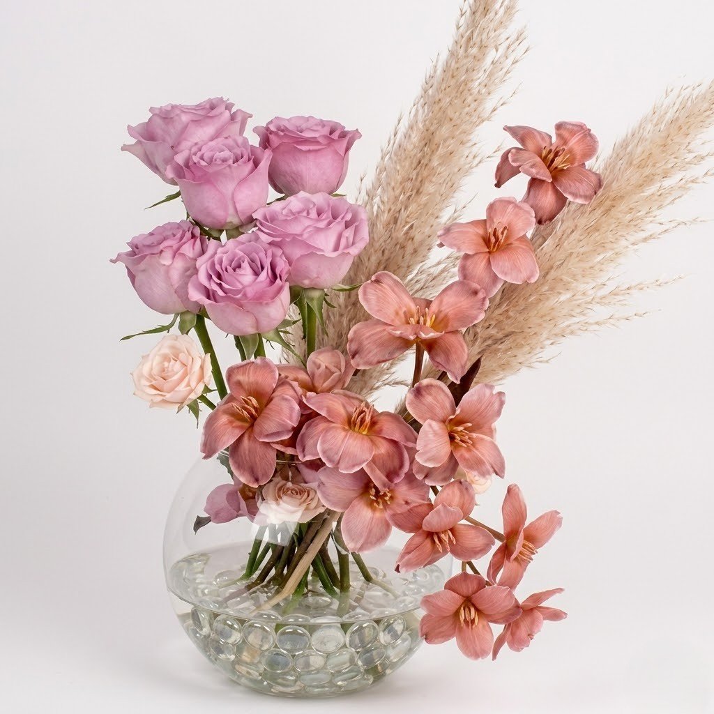 Tulips and Roses in Fish Bowl – Elegant Floral Vase Arrangement