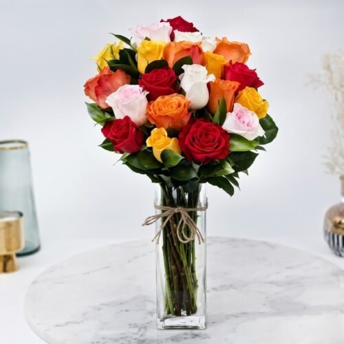 Vase Of 12 Vivid Roses – Colorful Floral Vase Arrangement