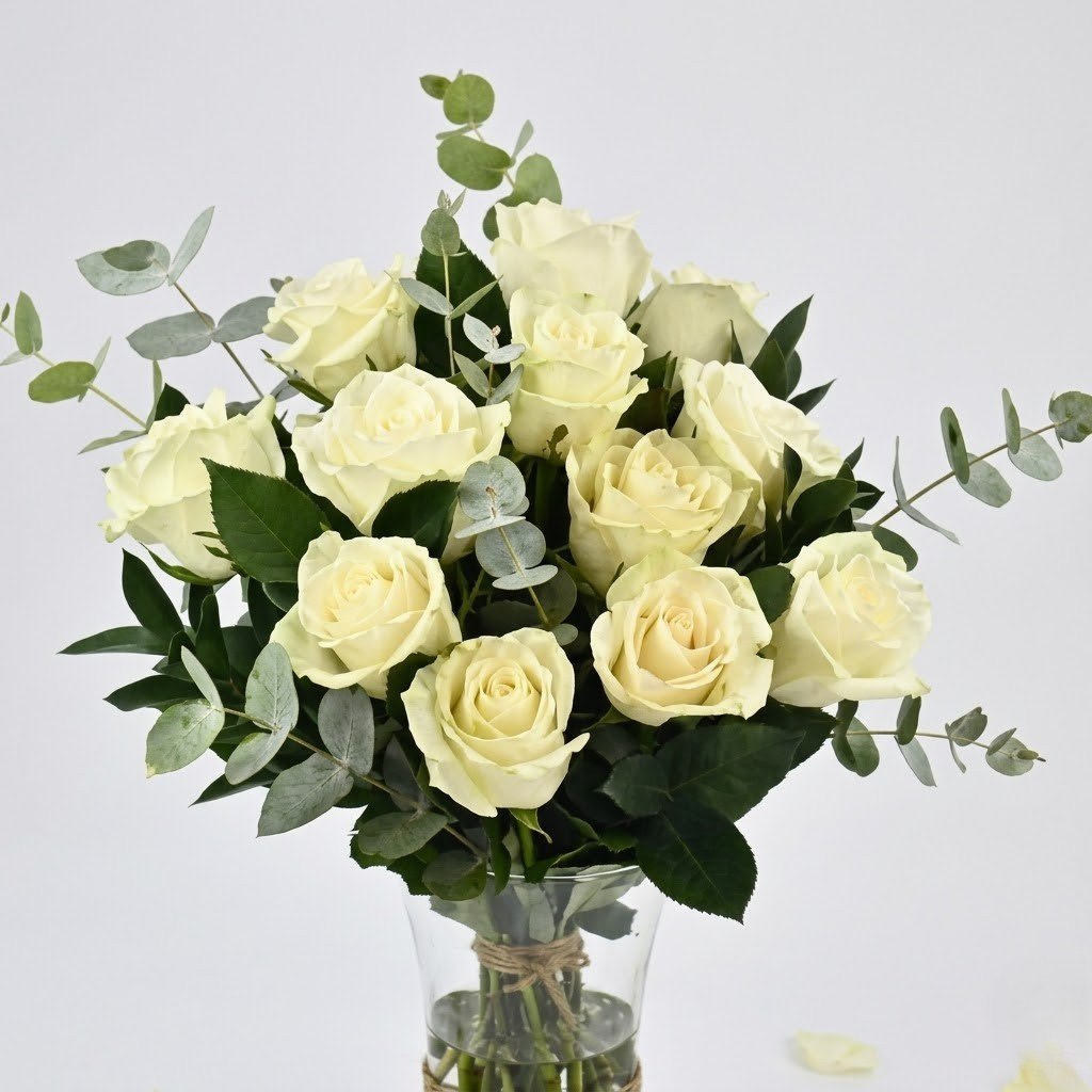 Vase Of Elegant 12 White Roses – Classic White Rose Arrangement in Glass Vase