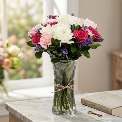 White and Pink Flower Vase – Elegant Floral Glass Arrangement