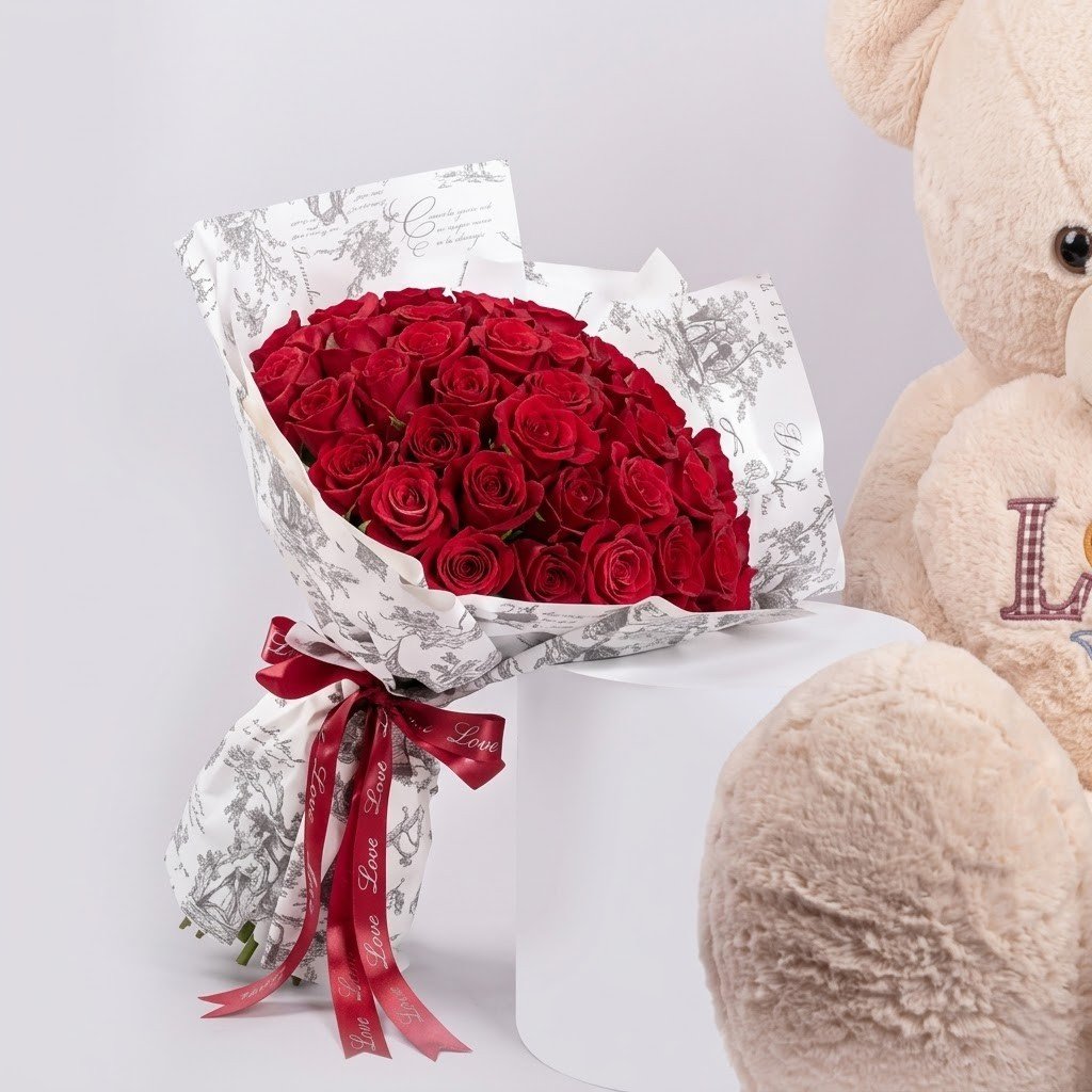 50 Red Roses with Big Teddy – Romantic Gift Combo