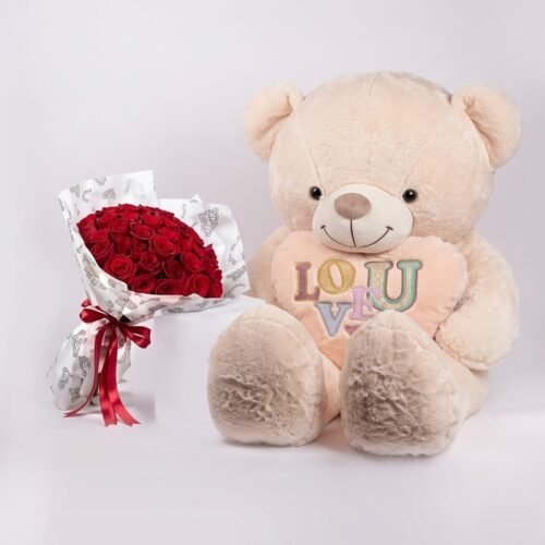 50 Red Roses with Big Teddy – Romantic Gift Combo
