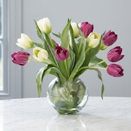 Beautiful Mixed Tulips in Glass Vase – Elegant Floral Arrangement