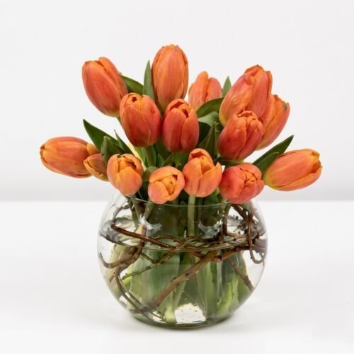 Beautiful Orange Tulips in Fish Bowl – Vibrant Vase Arrangement