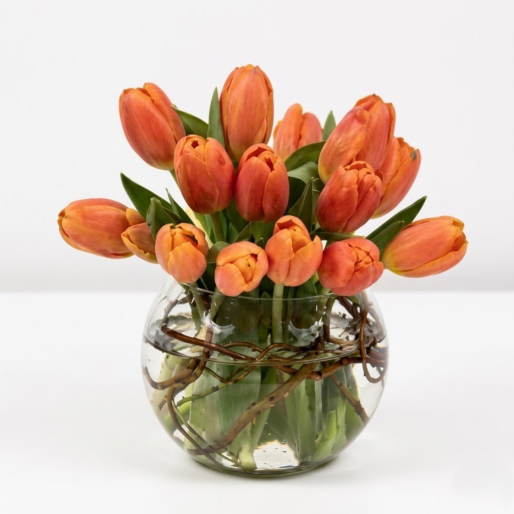 Beautiful Orange Tulips in Fish Bowl – Vibrant Vase Arrangement