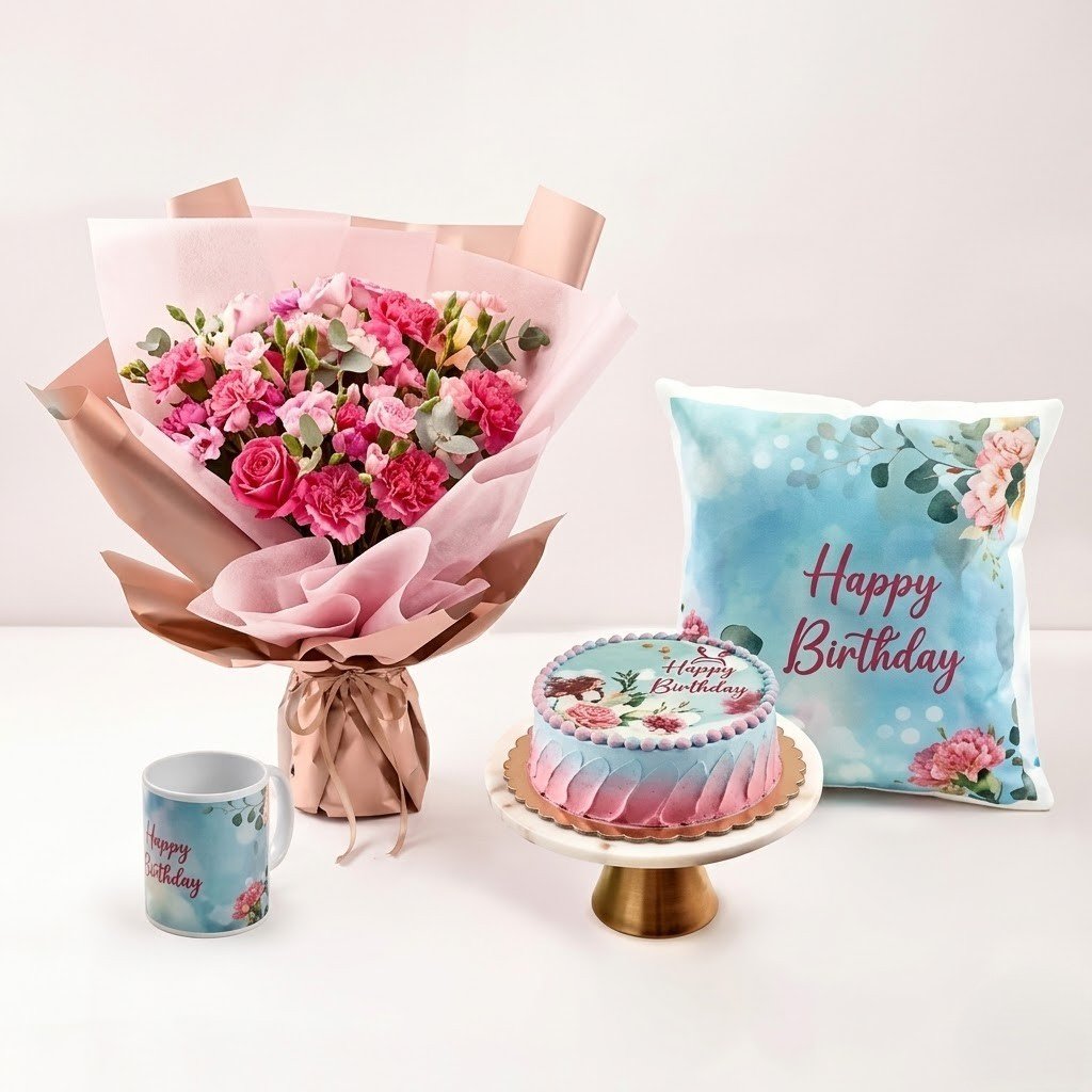 Birthday Gift Combo – Flowers, Cake & Keepsakes