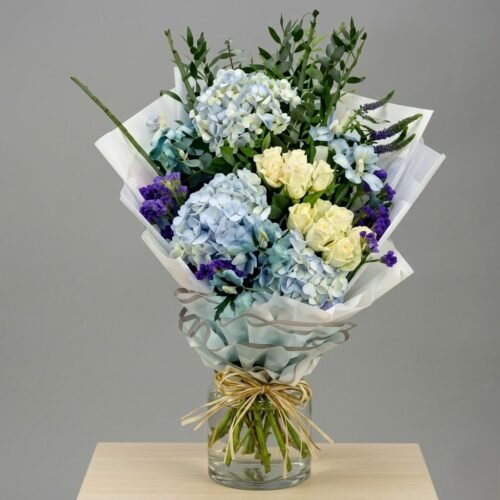 Blue Skies Floral Bouquet – Elegant Blue & White Arrangement