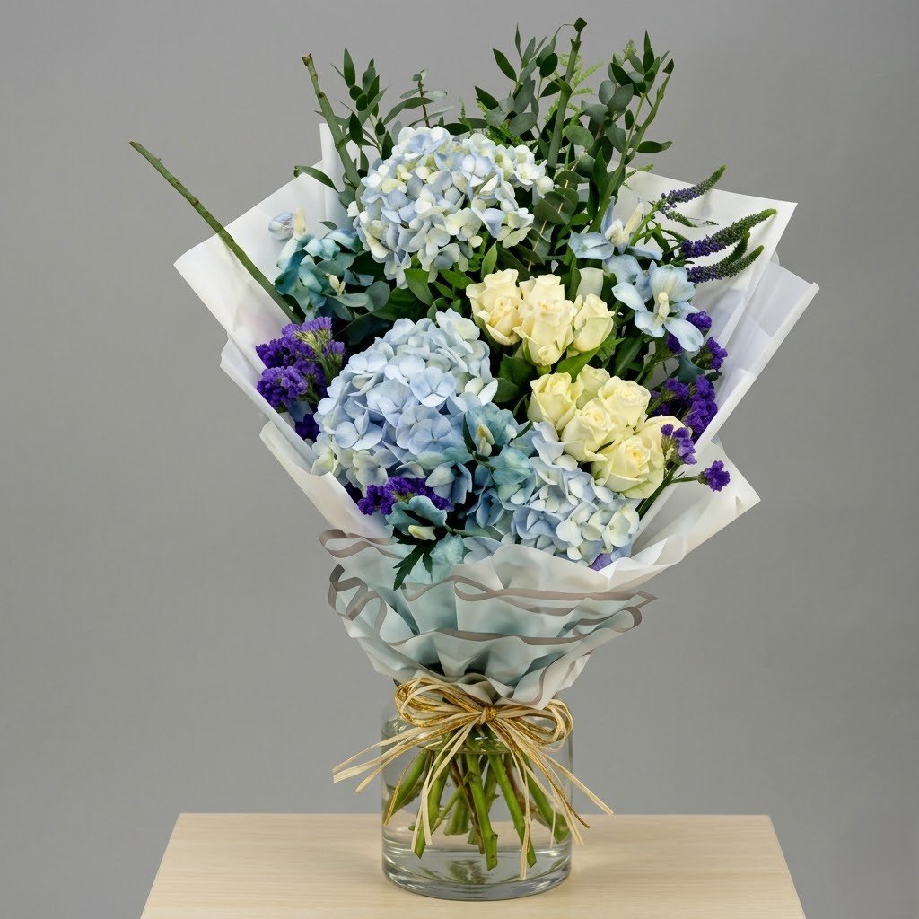 Blue Skies Floral Bouquet – Elegant Blue & White Arrangement