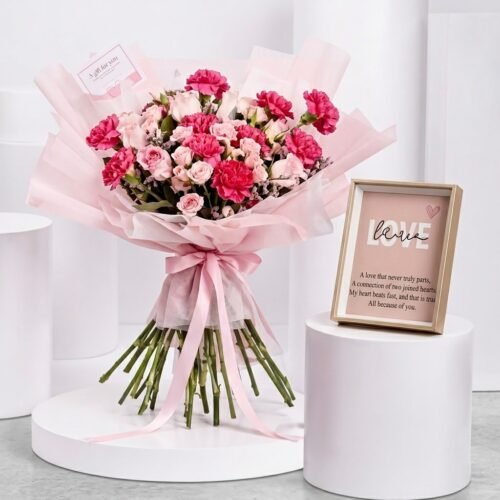 Carnations & Roses Bouquet with Frame – Elegant Keepsake Gift