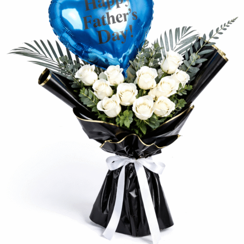 Father’s Day White Roses with Balloon – Elegant Gift Combo