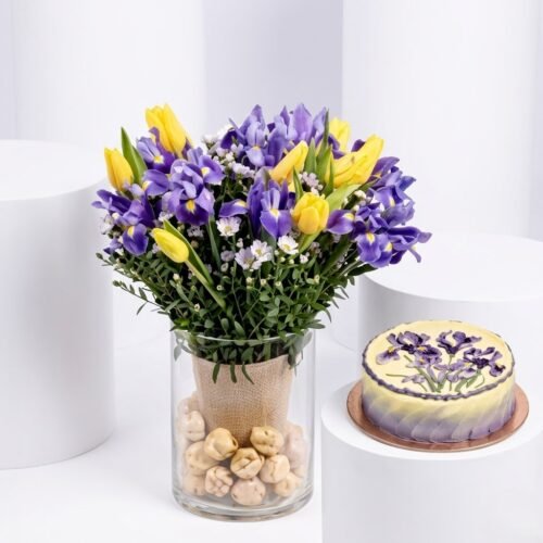 Feb Birthday Flowers with Cake & Chocolates – Iris & Tulips Combo