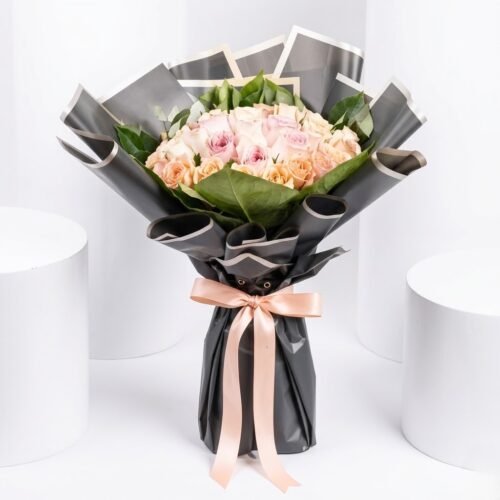 Garden Terrace Standard – Peach & Pink Roses Bouquet