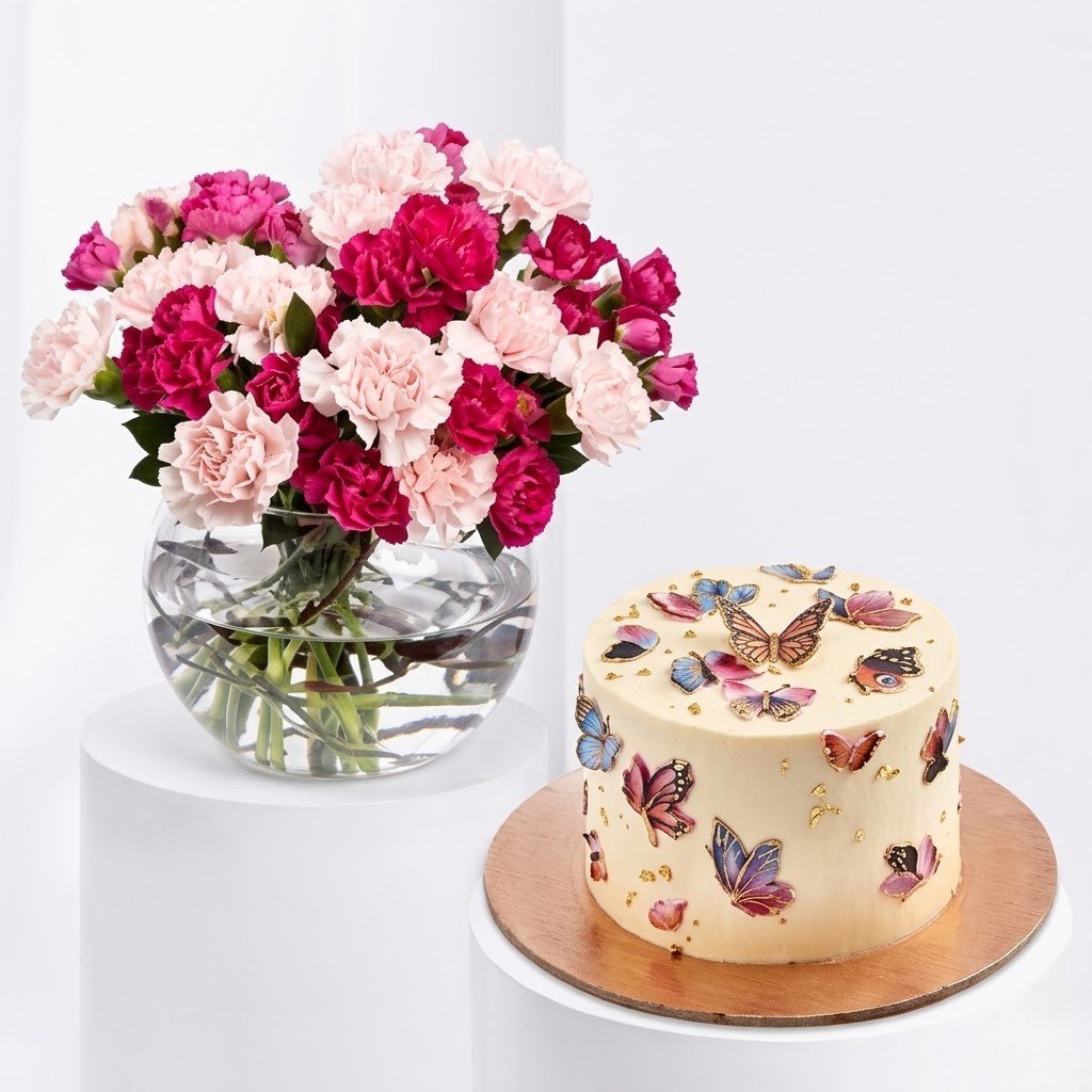 Mother’s Day Flowers in Vase with Chocolate Cake