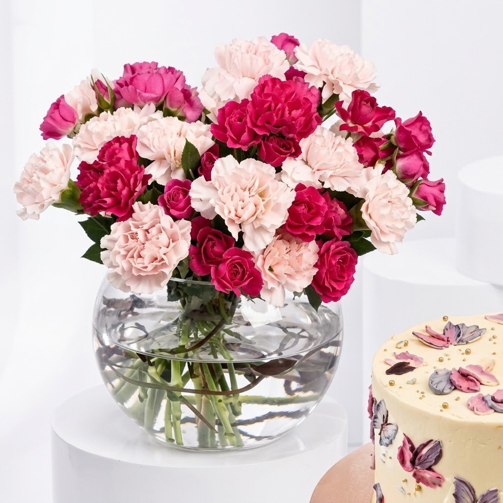 Mother’s Day Flowers in Vase with Chocolate Cake