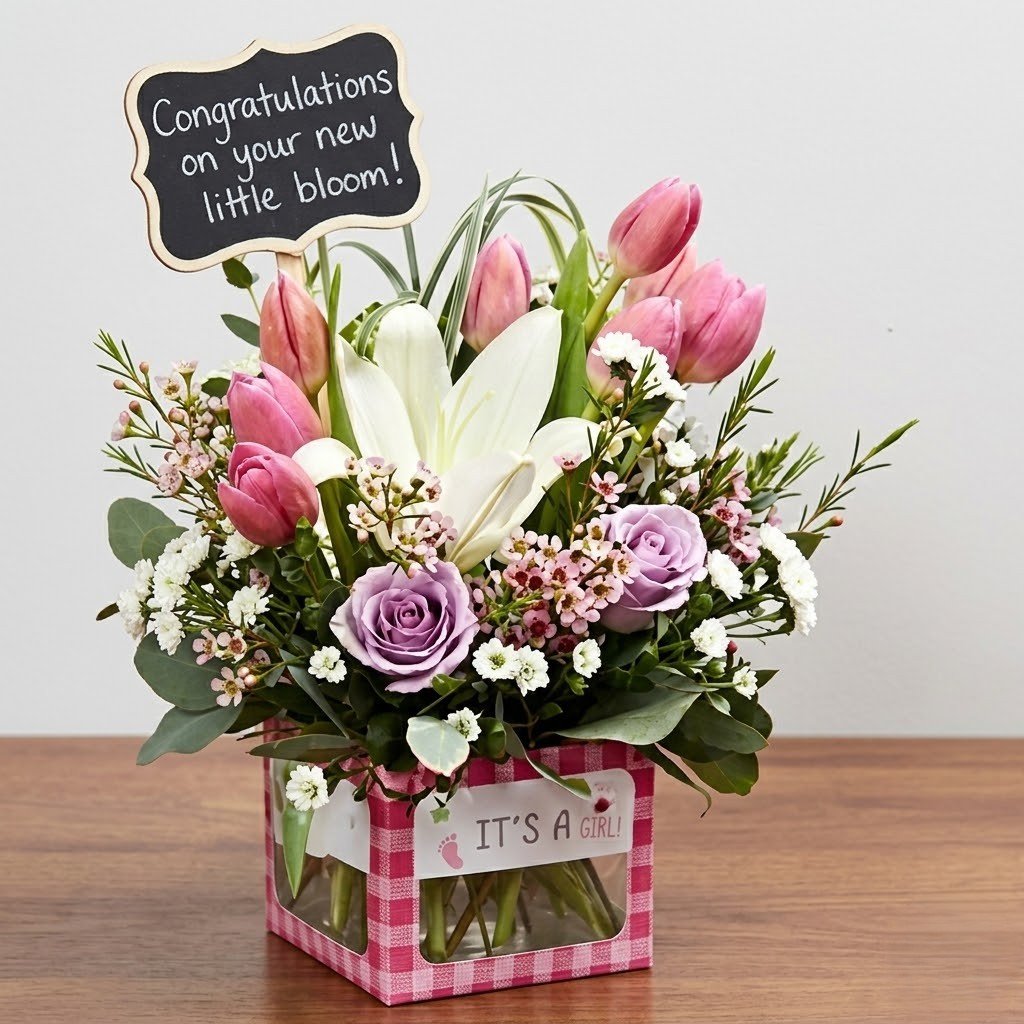 Pastel Flower Arrangement in Vase – Elegant Baby Celebration Gift