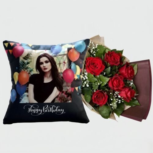 Red Rose Bouquet with Personalised Cushion – Gift Combo